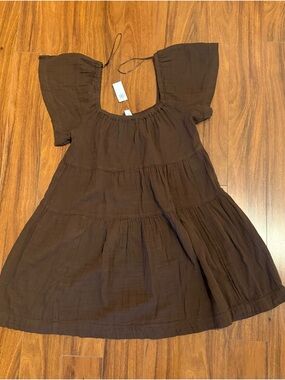 Old Navy Brown Tiered Cotton Dress with Puff Sleeves